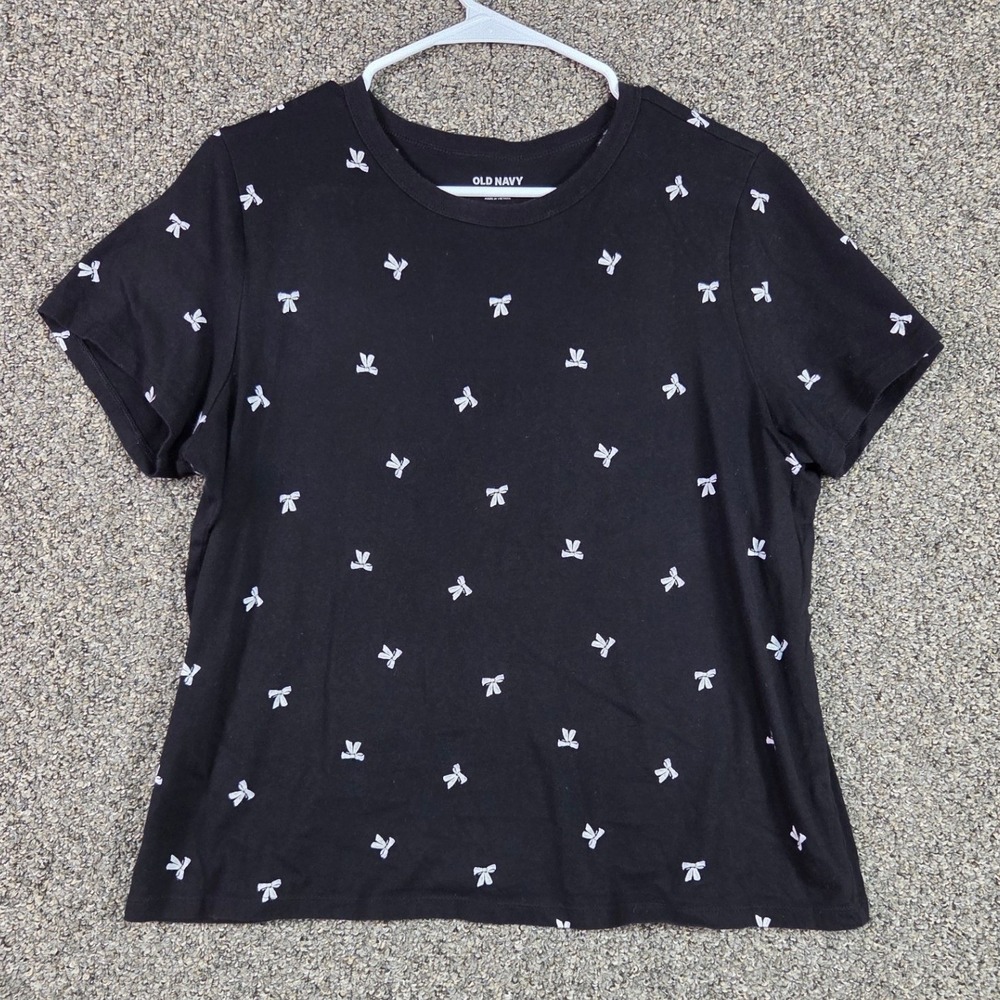 Old Navy T-Shirt Womens L Black All Over White Bow Print Everywear Tee